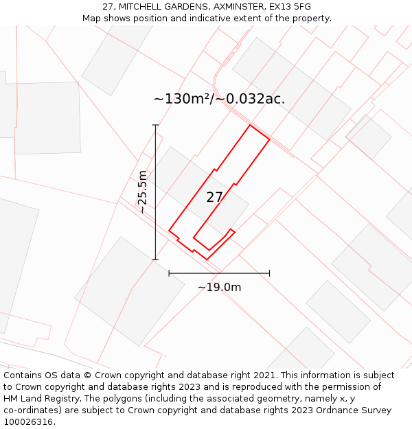 27, MITCHELL GARDENS, AXMINSTER, EX13 5FG: Plot and title map