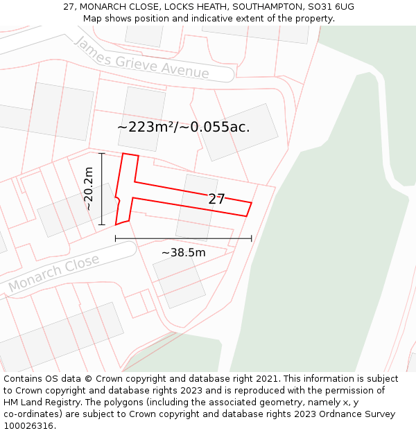 27, MONARCH CLOSE, LOCKS HEATH, SOUTHAMPTON, SO31 6UG: Plot and title map