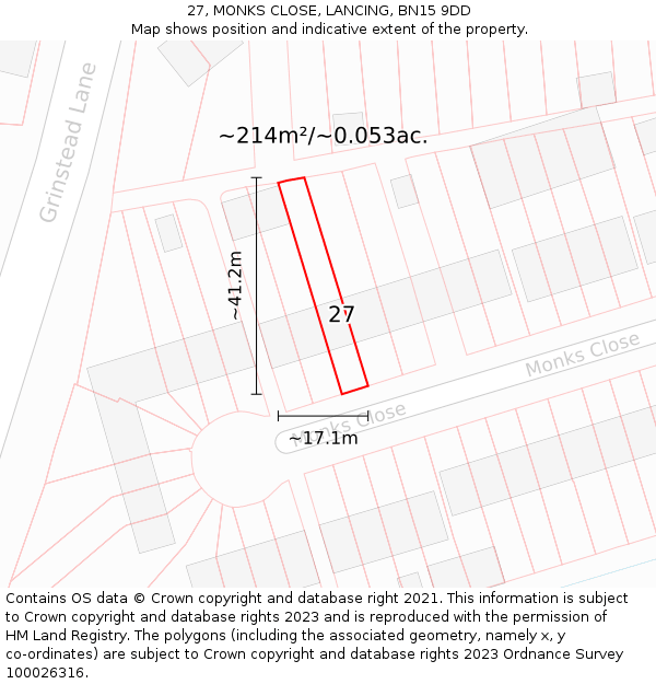 27, MONKS CLOSE, LANCING, BN15 9DD: Plot and title map