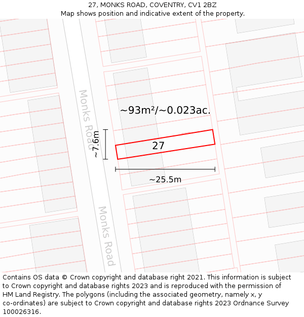 27, MONKS ROAD, COVENTRY, CV1 2BZ: Plot and title map