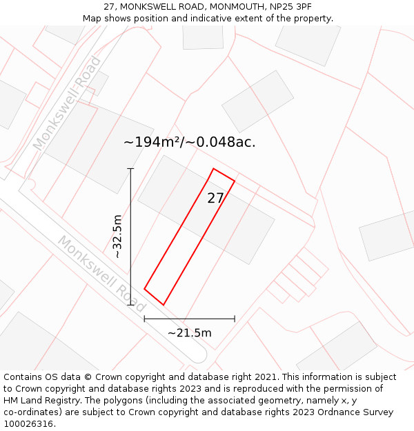 27, MONKSWELL ROAD, MONMOUTH, NP25 3PF: Plot and title map