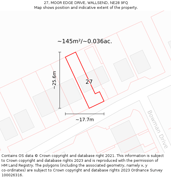 27, MOOR EDGE DRIVE, WALLSEND, NE28 9FQ: Plot and title map
