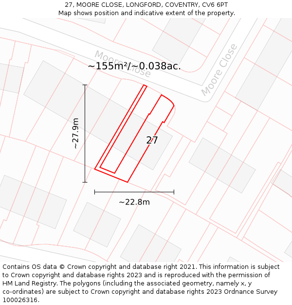 27, MOORE CLOSE, LONGFORD, COVENTRY, CV6 6PT: Plot and title map