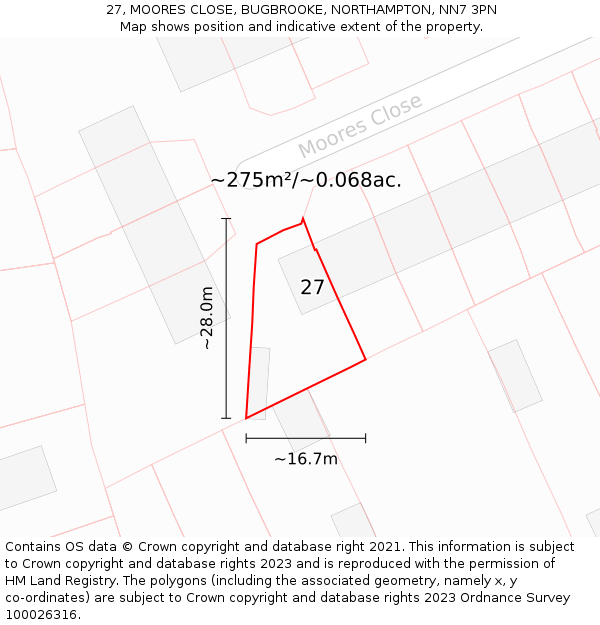 27, MOORES CLOSE, BUGBROOKE, NORTHAMPTON, NN7 3PN: Plot and title map