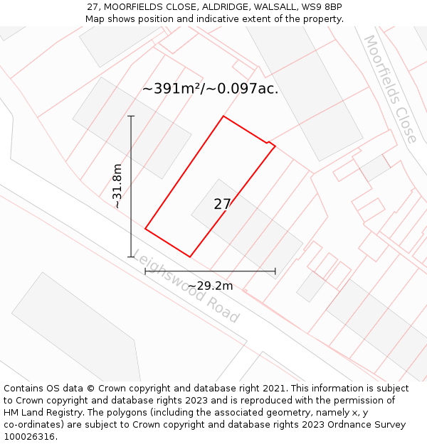 27, MOORFIELDS CLOSE, ALDRIDGE, WALSALL, WS9 8BP: Plot and title map