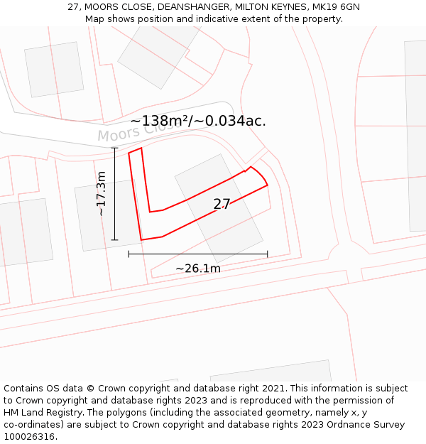 27, MOORS CLOSE, DEANSHANGER, MILTON KEYNES, MK19 6GN: Plot and title map