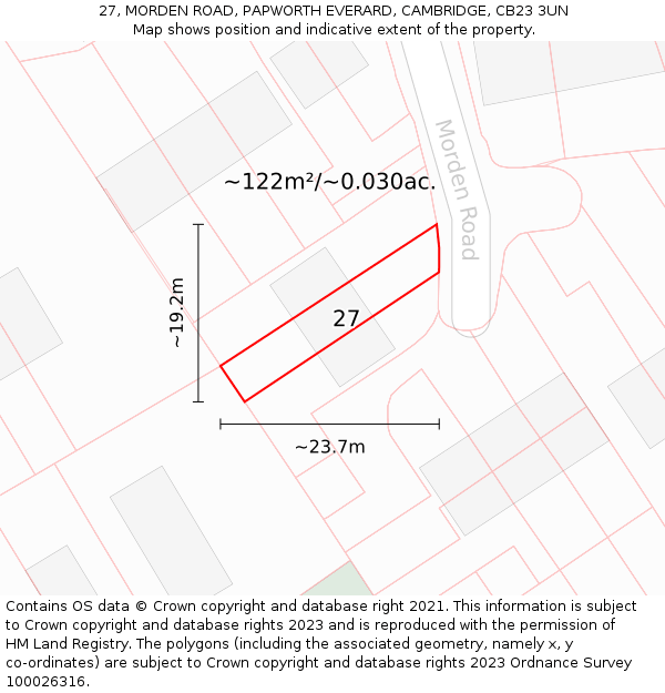 27, MORDEN ROAD, PAPWORTH EVERARD, CAMBRIDGE, CB23 3UN: Plot and title map