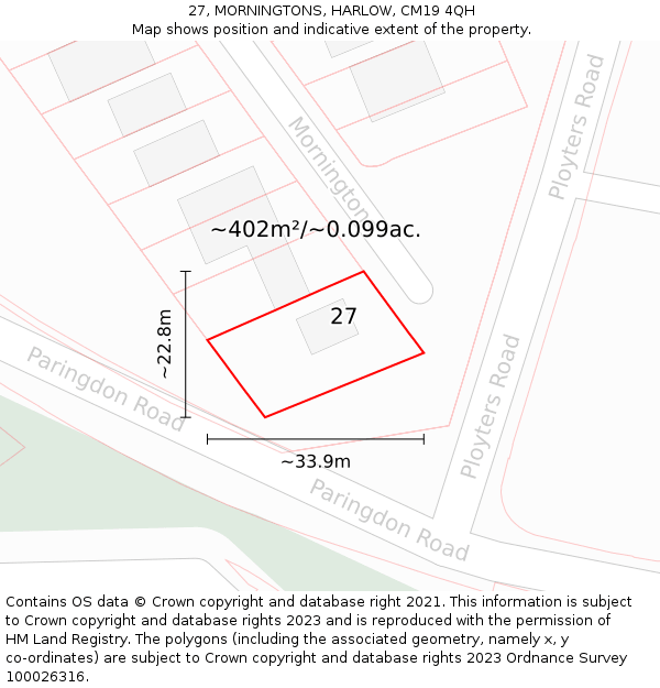 27, MORNINGTONS, HARLOW, CM19 4QH: Plot and title map