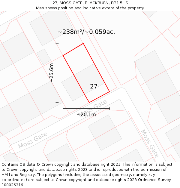 27, MOSS GATE, BLACKBURN, BB1 5HS: Plot and title map