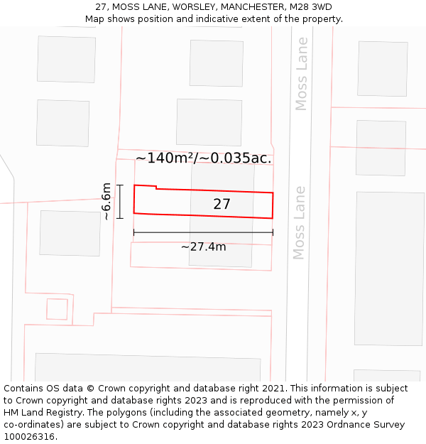 27, MOSS LANE, WORSLEY, MANCHESTER, M28 3WD: Plot and title map