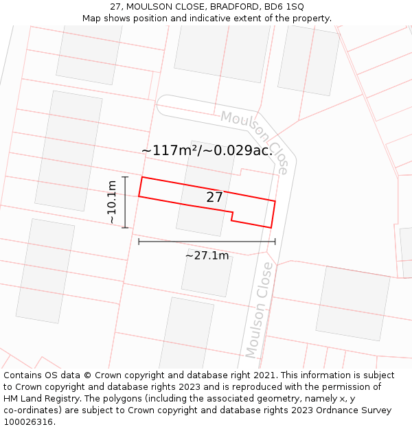 27, MOULSON CLOSE, BRADFORD, BD6 1SQ: Plot and title map