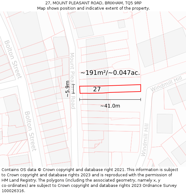 27, MOUNT PLEASANT ROAD, BRIXHAM, TQ5 9RP: Plot and title map