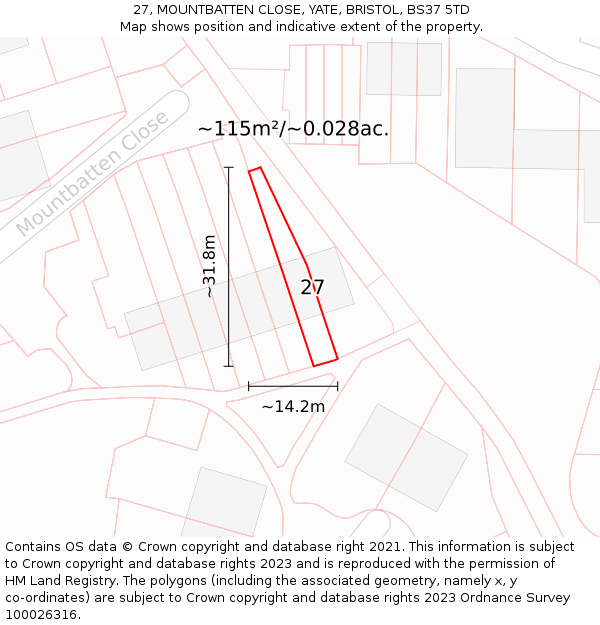 27, MOUNTBATTEN CLOSE, YATE, BRISTOL, BS37 5TD: Plot and title map