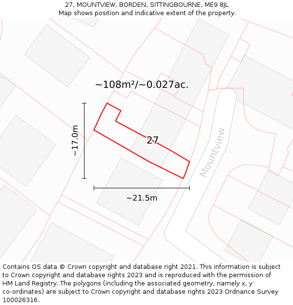 27, MOUNTVIEW, BORDEN, SITTINGBOURNE, ME9 8JL: Plot and title map