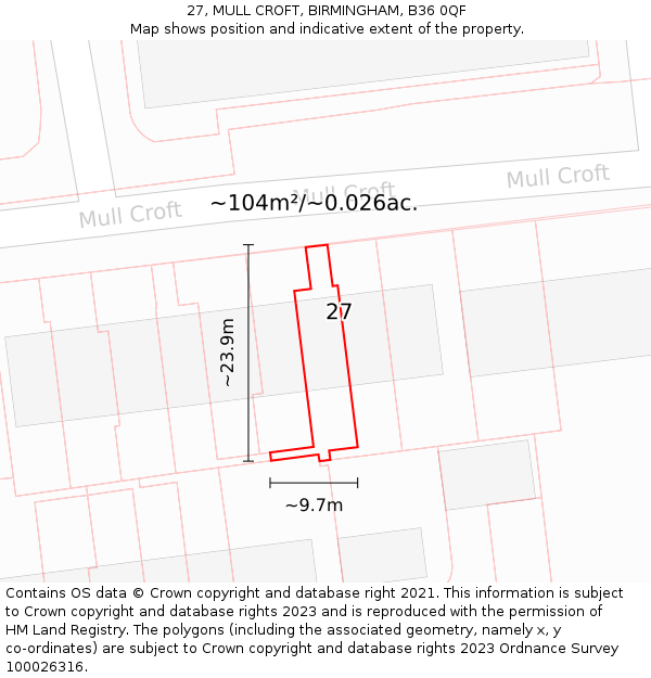 27, MULL CROFT, BIRMINGHAM, B36 0QF: Plot and title map