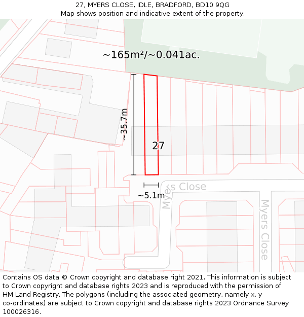 27, MYERS CLOSE, IDLE, BRADFORD, BD10 9QG: Plot and title map