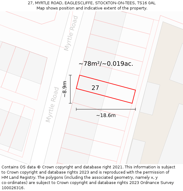 27, MYRTLE ROAD, EAGLESCLIFFE, STOCKTON-ON-TEES, TS16 0AL: Plot and title map