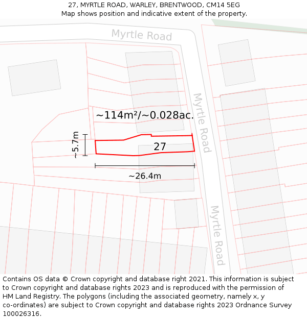 27, MYRTLE ROAD, WARLEY, BRENTWOOD, CM14 5EG: Plot and title map