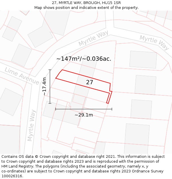 27, MYRTLE WAY, BROUGH, HU15 1SR: Plot and title map