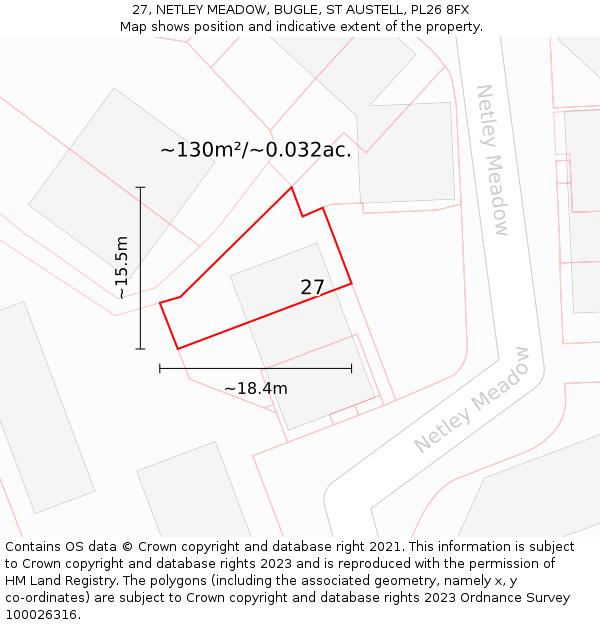 27, NETLEY MEADOW, BUGLE, ST AUSTELL, PL26 8FX: Plot and title map