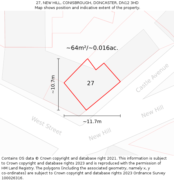 27, NEW HILL, CONISBROUGH, DONCASTER, DN12 3HD: Plot and title map
