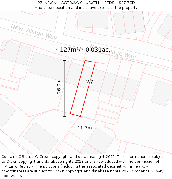 27, NEW VILLAGE WAY, CHURWELL, LEEDS, LS27 7GD: Plot and title map