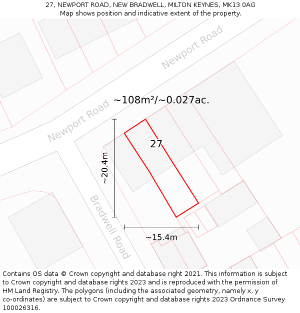 27, NEWPORT ROAD, NEW BRADWELL, MILTON KEYNES, MK13 0AG: Plot and title map