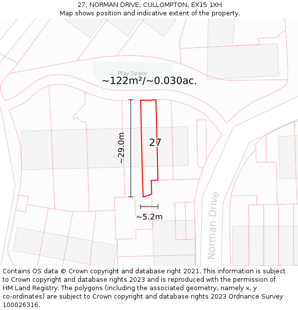 27, NORMAN DRIVE, CULLOMPTON, EX15 1XH: Plot and title map