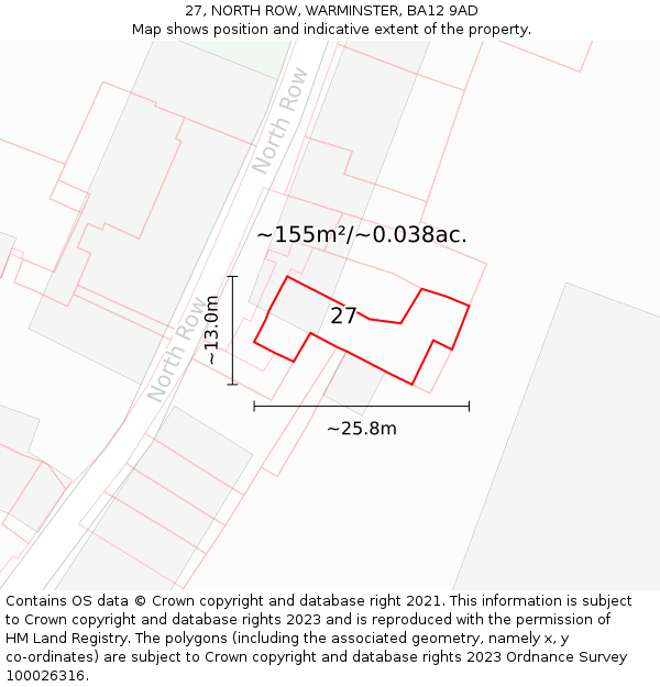 27, NORTH ROW, WARMINSTER, BA12 9AD: Plot and title map