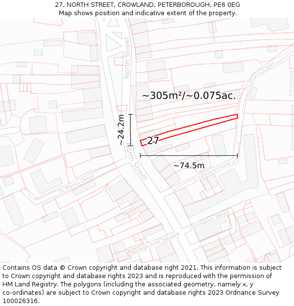 27, NORTH STREET, CROWLAND, PETERBOROUGH, PE6 0EG: Plot and title map