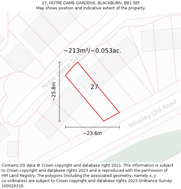 27, NOTRE DAME GARDENS, BLACKBURN, BB1 5EF: Plot and title map