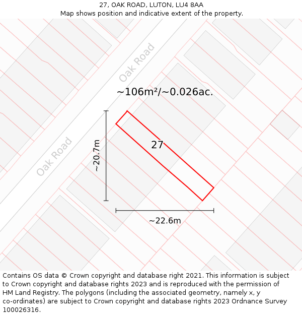 27, OAK ROAD, LUTON, LU4 8AA: Plot and title map
