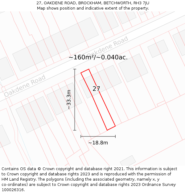 27, OAKDENE ROAD, BROCKHAM, BETCHWORTH, RH3 7JU: Plot and title map