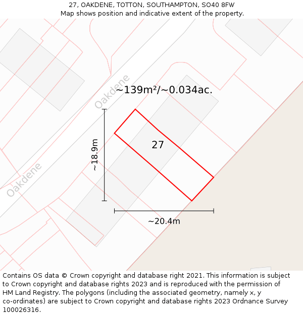27, OAKDENE, TOTTON, SOUTHAMPTON, SO40 8FW: Plot and title map
