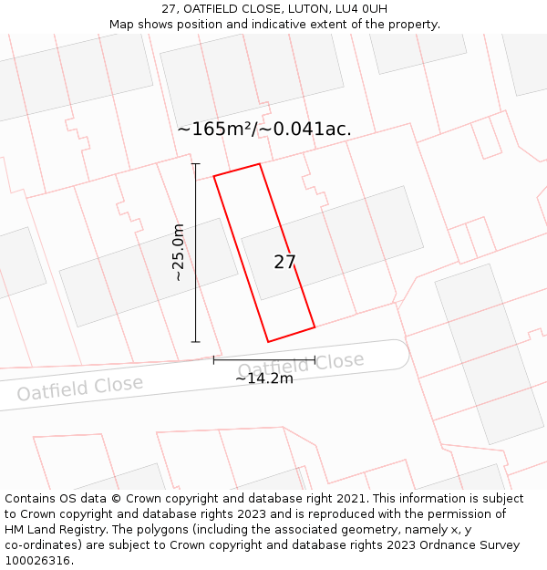 27, OATFIELD CLOSE, LUTON, LU4 0UH: Plot and title map