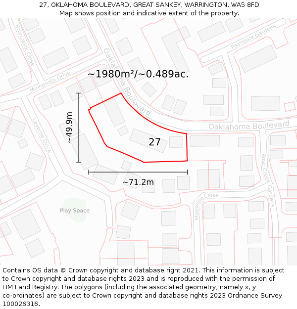 27, OKLAHOMA BOULEVARD, GREAT SANKEY, WARRINGTON, WA5 8FD: Plot and title map