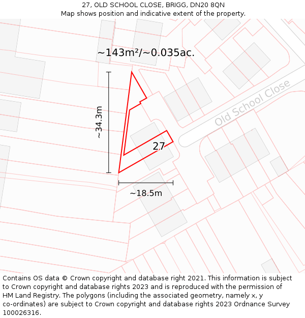 27, OLD SCHOOL CLOSE, BRIGG, DN20 8QN: Plot and title map