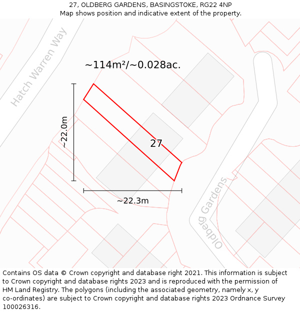 27, OLDBERG GARDENS, BASINGSTOKE, RG22 4NP: Plot and title map