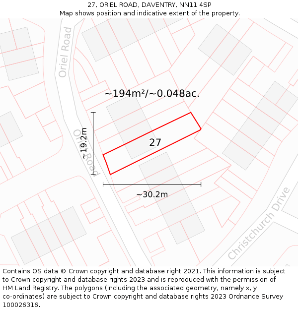 27, ORIEL ROAD, DAVENTRY, NN11 4SP: Plot and title map