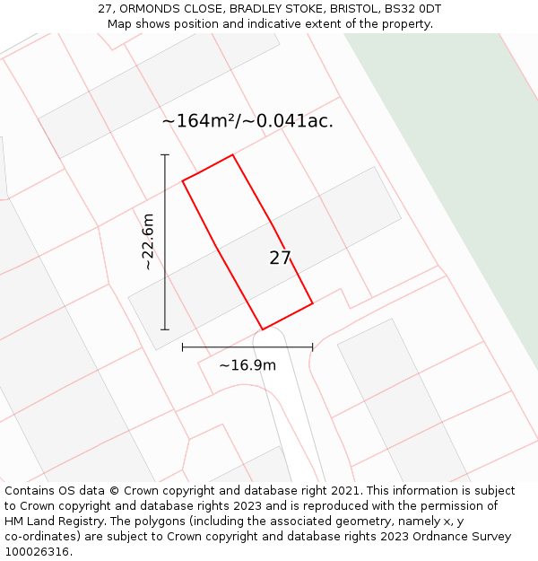 27, ORMONDS CLOSE, BRADLEY STOKE, BRISTOL, BS32 0DT: Plot and title map