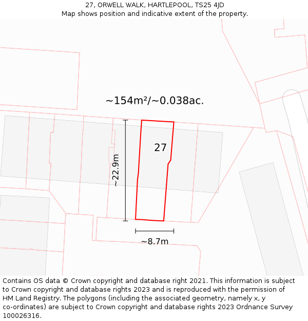 27, ORWELL WALK, HARTLEPOOL, TS25 4JD: Plot and title map