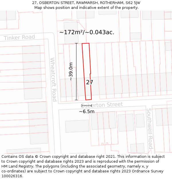 27, OSBERTON STREET, RAWMARSH, ROTHERHAM, S62 5JW: Plot and title map
