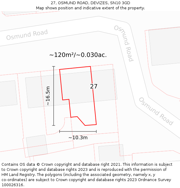 27, OSMUND ROAD, DEVIZES, SN10 3GD: Plot and title map