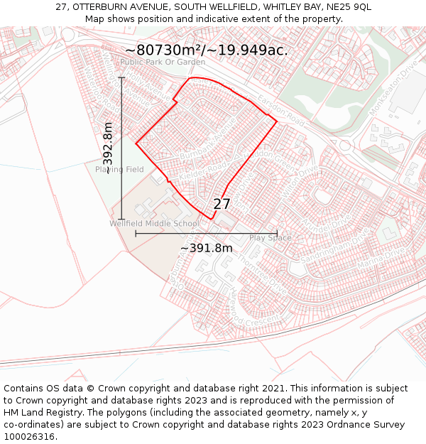 27, OTTERBURN AVENUE, SOUTH WELLFIELD, WHITLEY BAY, NE25 9QL: Plot and title map