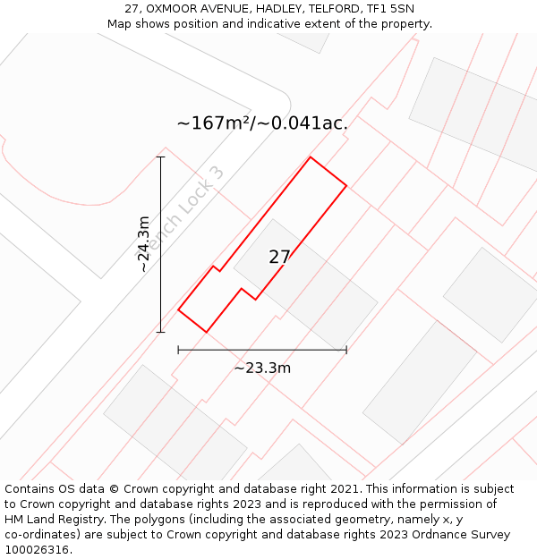 27, OXMOOR AVENUE, HADLEY, TELFORD, TF1 5SN: Plot and title map