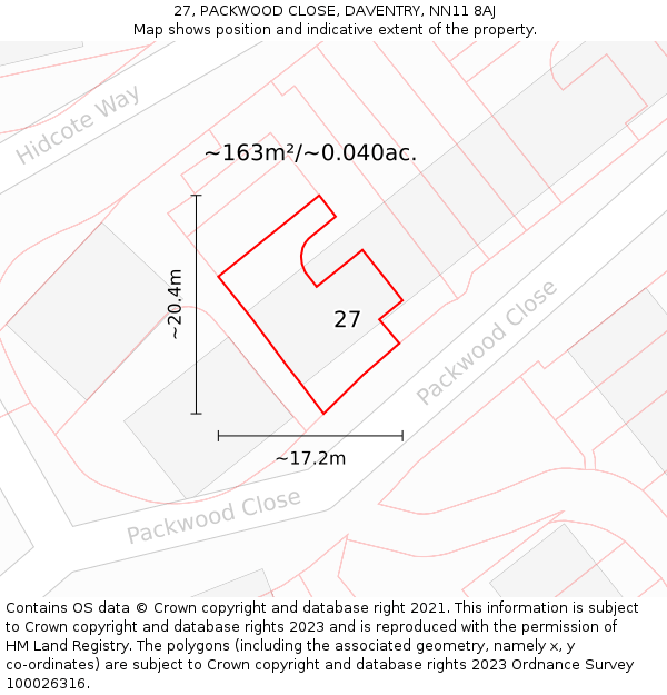 27, PACKWOOD CLOSE, DAVENTRY, NN11 8AJ: Plot and title map