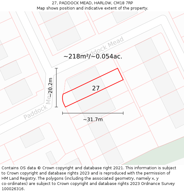 27, PADDOCK MEAD, HARLOW, CM18 7RP: Plot and title map
