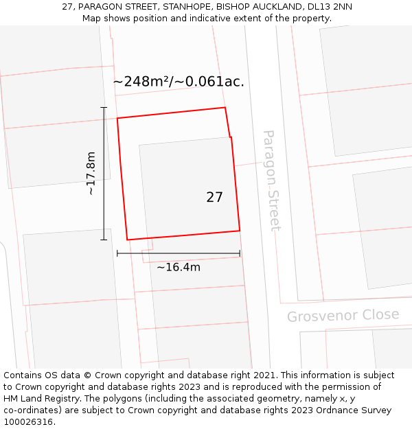 27, PARAGON STREET, STANHOPE, BISHOP AUCKLAND, DL13 2NN: Plot and title map