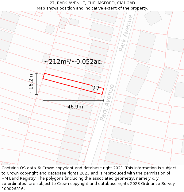 27, PARK AVENUE, CHELMSFORD, CM1 2AB: Plot and title map
