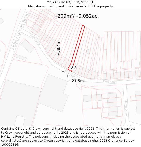 27, PARK ROAD, LEEK, ST13 8JU: Plot and title map
